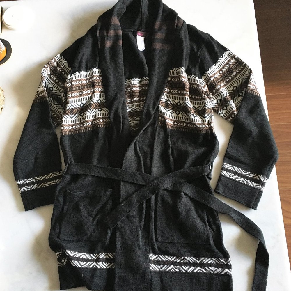 NWOT! New! Mark neutral knit long open cardigan, black, brown, fair isle, belt